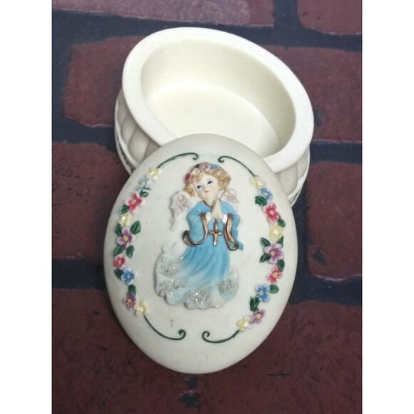 VTG 2001 trinket box angel little girl jewelry box resin ivory blue pink Oval - Picture 2 of 9